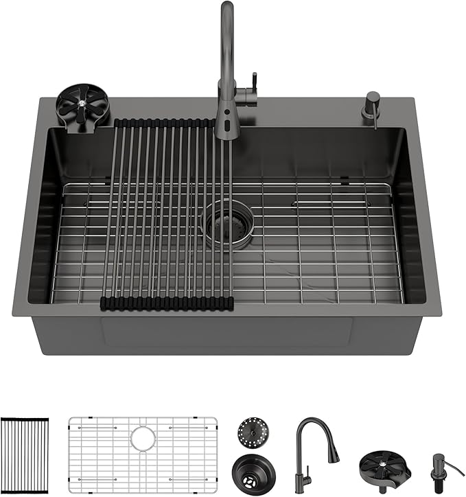 33x22 Black Drop In Kitchen Sink with Faucet Combo16 Gauge Stainless Steel Single Bowl Kitchen Sink Large Deep Round Corner Handmade Topmount Overmount Basin Kitchen Sinks