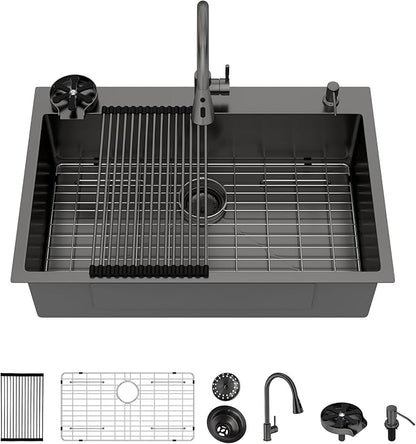 33x22 Black Drop In Kitchen Sink with Faucet Combo16 Gauge Stainless Steel Single Bowl Kitchen Sink Large Deep Round Corner Handmade Topmount Overmount Basin Kitchen Sinks
