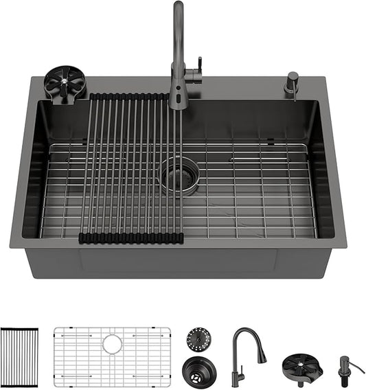 33x22 Black Drop In Kitchen Sink with Faucet Combo16 Gauge Stainless Steel Single Bowl Kitchen Sink Large Deep Round Corner Handmade Topmount Overmount Basin Kitchen Sinks