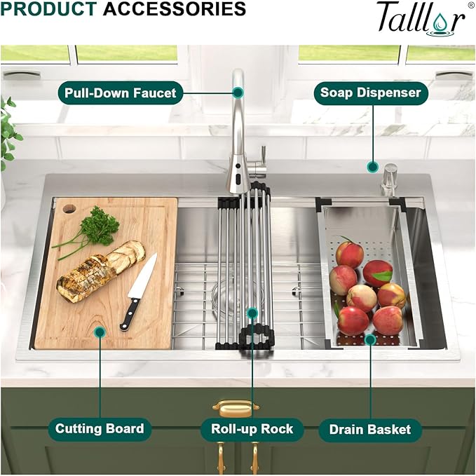 36 Inch Drop In Kitchen Sink with Faucet Combo - 36x22 Workstation All-In One 16 Gauge Stainless Steel Single Bowl Topmount Large Sink For Kitchen with Accessories, #TLT-0021