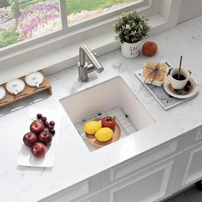 Undermount White Bar Sink, 16x16 Inch Small Granite Composite Wet Bar Sink with Faucet Combo Single Bowl Outdoor Quartz Undermount Sink for Island Station, Small Space