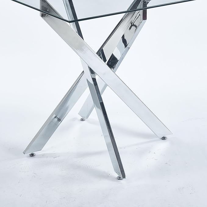 SSLine 35.4" Square Glass Dining Table for 2-4 Modern Clear Glass Tabletop Kitchen Table for 4 Luxury Dinner Tables with Silver Metal Legs for Home Kitchen Dining Room(Table Only)