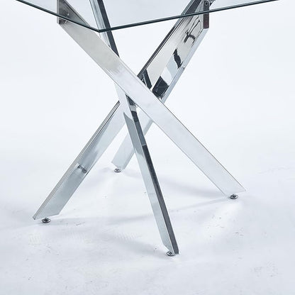 36" Square Dining Table for 4, Modern Clear Glass Kitchen Table for 4 with Silver X Metal Legs, Contemporary Small Glass Dining Room Leisure Tables for Kitchen Apartment