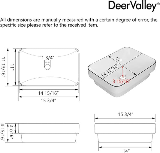 DeerValley Liberty 15.94x12.01 Inch Semi-Recessed Bathroom Vessel Sink, White Ceramic Rectangular Sink with Black Rim, Model DV-1V0347