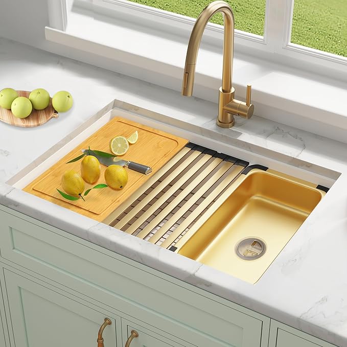 White Undermount Kitchen Sink 33 X 18 inch,Granite Composite Kitchen Sink Offset Drain,Undermount/Drop In Kitchen Sinks with Workstation,Large Single Basin (White, 33" X 18")