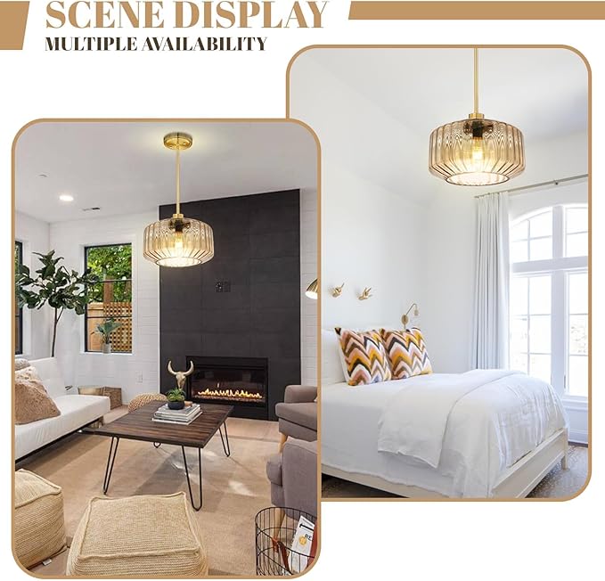 Modern Gold Pendant Light Mid-Century Chandelier for Dining Room, Amber Stripe Glass Shade, Adjustable Height Hanging Lamp for Breakfast Nook Bedroom Dining Room Living Room
