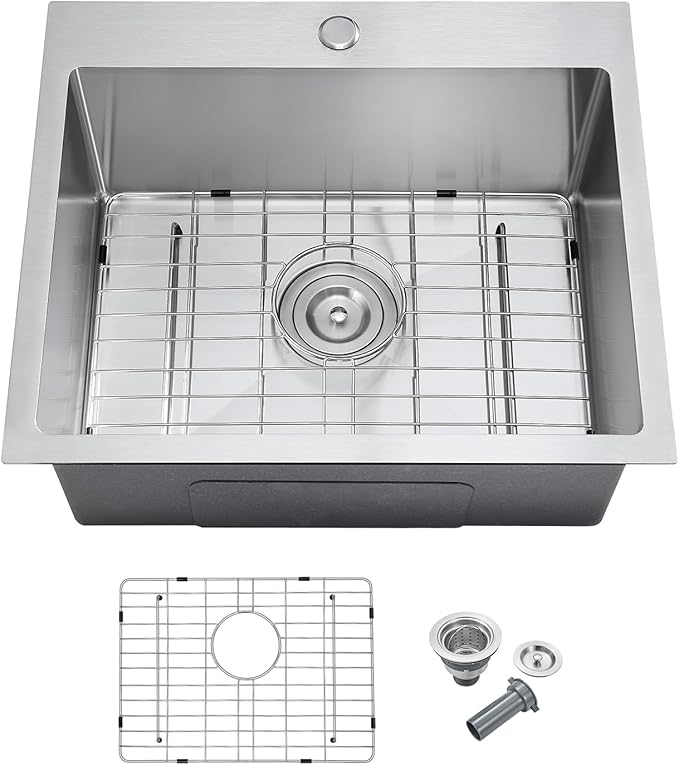 MENATT 23 Inch Drop in Kitchen Sink Brushed, Stainless Steel Single Hole Single Bowl Topmount Kitchen Sinks with Drain Strainer & Grid, D23"xW18"xH9"