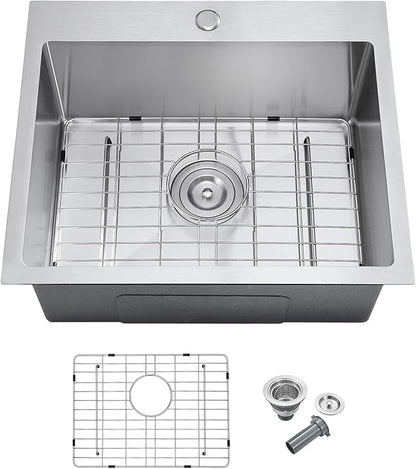 MENATT 23 Inch Drop in Kitchen Sink Brushed, Stainless Steel Single Hole Single Bowl Topmount Kitchen Sinks with Drain Strainer & Grid, D23"xW18"xH9"