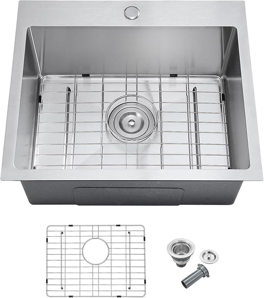 MENATT 23 Inch Drop in Kitchen Sink Brushed, Stainless Steel Single Hole Single Bowl Topmount Kitchen Sinks with Drain Strainer & Grid, D23"xW18"xH9"