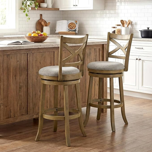 Giantex Wood Swivel Bar Stools Set of 2, 30" Upholstered Bar Height Bar Stools with X Back, Linen Cushioned Seat, Farmhouse Armless Wooden Barstools for Kitchen Island Dining Room, Grey