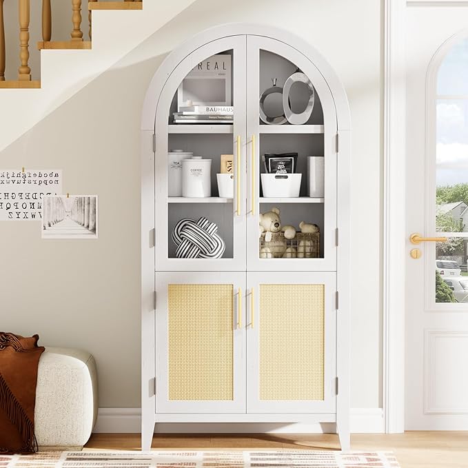 63” Tall Arched Kitchen Pantry Cabinet, 5-Tier Modern Farmhouse Flute Pantry with Adjustable Shelves, Kitchen Storage Cabinet for Kitchen, Dining Room, Living Room, White