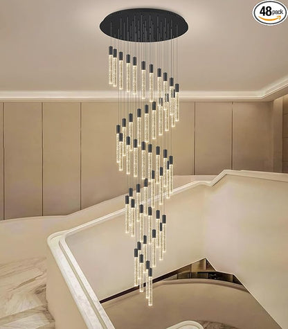20 foot 48-lights Chandeliers for Living Room Entryway High Ceiling Light Chandelier LED Crystal Pendants Light Sloped Ceiling Chandeliers Staircase Lighting Fixture LED Dimmable Lighting Black