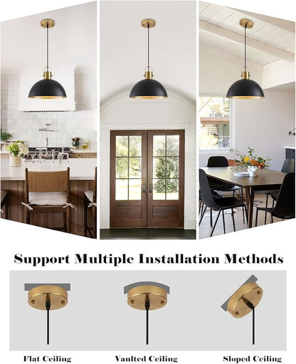 Black and Gold Pendant Light 2 Pack, 11.8 Inch Pendant Lights Kitchen Island, Black Dome Pendant Lights, Island Pendant Light for Kitchen, Dining Room, Living Room