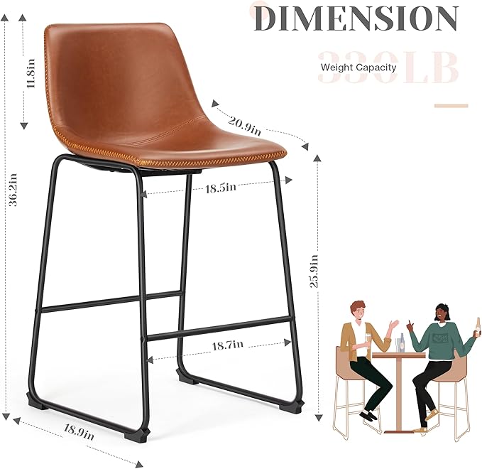 DUMOS 26 Inch Counter Height Bar Stools Set of 2, Modern Faux Leather High Barstools with Back and Metal Leg, Bar Chairs for Kitchen Island, Elegant Brown