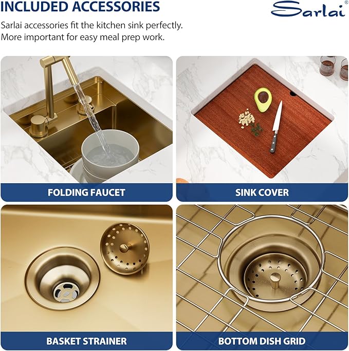 Sarlai Gold Undermount Bar Sink - 15x17 Inch Outdoor Kitchen Sink RV Workstation Gold 16 Gauge Stainless Steel Single Bowl Handmade Outdoor BBQ Sinks With Foldable Faucet