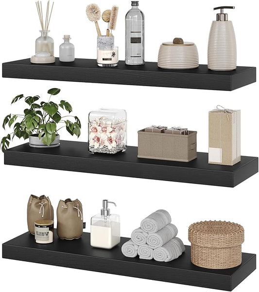 RALGEND Floating Shelves for Wall, 1.5" Thick Wall Shelf Set of 3 with Invisible Brackets, 23.6L x 7.9W Hanging Book Shelves Farmhouse Home Decor for Bathroom, Living Room, Bedroom, Black 6301BJP3BK