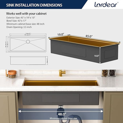 Lordear Luxury 45 Inch Gold Undermount Kitchen Sink Large Ledge Workstation T304 16 Gauge Stainless Steel Single Bowl Under Counter Gold Kitchen Sink with Built-in Accessories 45''x19''x10''