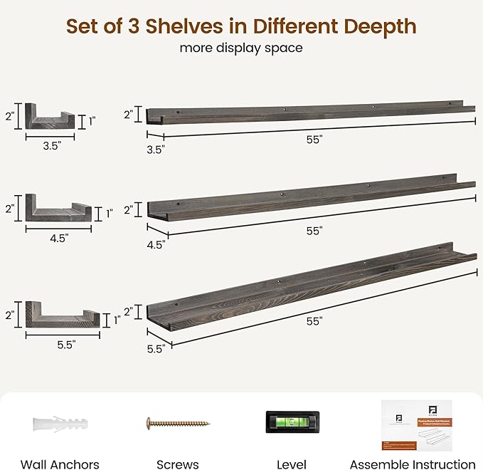 FLYJOE Picture Ledge Wall Shelves 56 Inches Width Set of 3, Solid Pine Wood Rustic Floating Ledge for Kids' Room Bedroom Kitchen Bathroom, Long Floating Shelves for Wall Decor, Grey