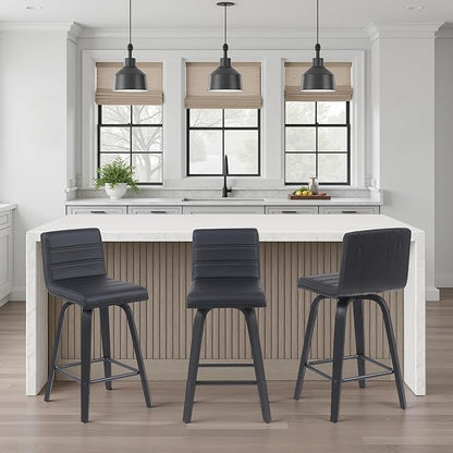 Vienna Modern Counter Height Swivel Bar Stool with Black Faux Leather Seat and Black Brushed Wood Frame Set of 2