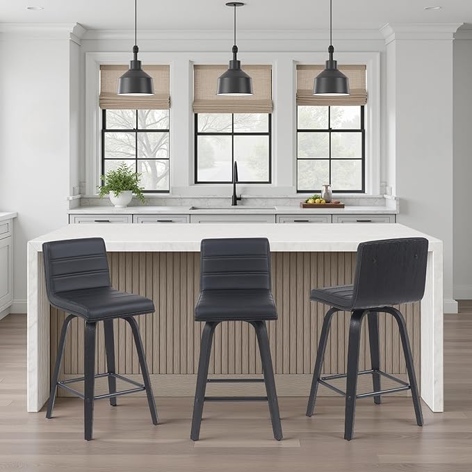 Vienna Modern Counter Height Swivel Bar Stool with Black Faux Leather Seat and Black Brushed Wood Frame Set of 3