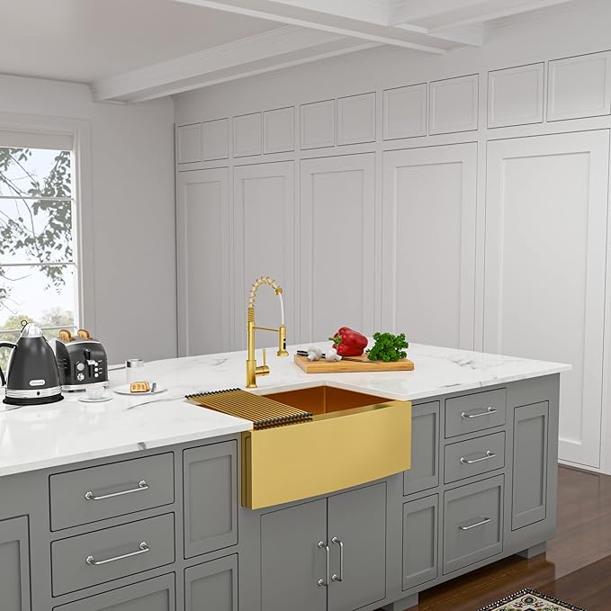 Lordear 30 Inch Gold Farmhouse Sink 30X21 Kitchen Sink Apron Front 16 Gauge Stainless Steel Matte Gold Deep Single Bowl Farm Sinks Basin