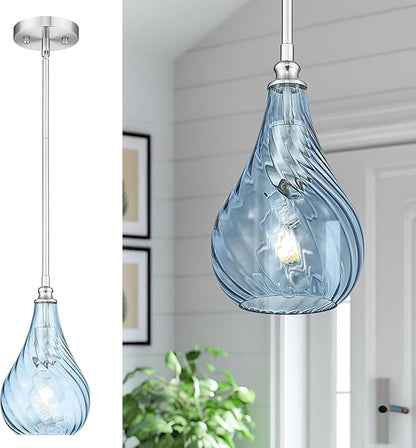 TENGXIN 6 Inch Mini Hanging Light for Kitchen Island,Kitchen Pendant Lighting Over Island,Brushed Nickel Finished Blue Glass Pendant Light,Farmhouse Pendant Light for Dining Room