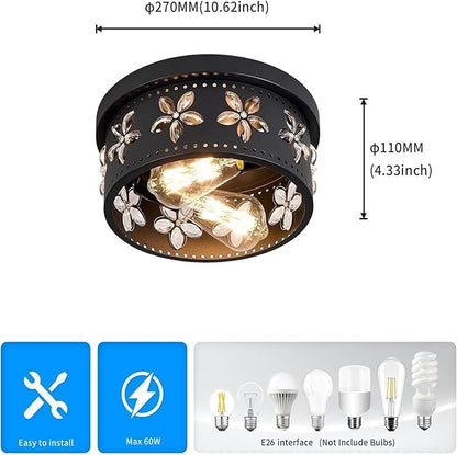 10.6 inch Black Flush Mount Ceiling Light Fixtures, 2-Light Ceiling Mount for Industrial, Crystal Light Fixtures for Farmhouse, Bedroom, Living Room, Kitchen, Hallway and Foyer (1 Pack)