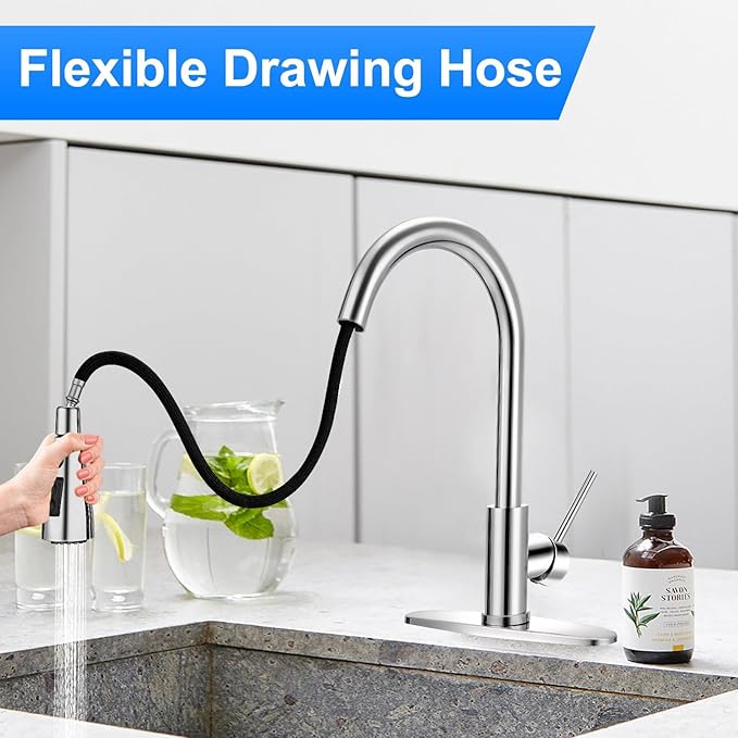 Kitchen Faucet with Pull Down Sprayer,Kitchen Sink Faucet with Sprayer,High Arc Single Handle Classic Stainless Steel Sink Accessories,Suitable for Laundry Rv Bar (Polished Chrome)