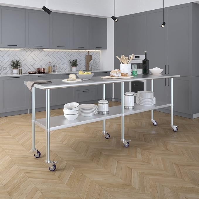 Stainless Steel Work Table with Wheels | NSF Kitchen Island Food Prep | Laundry Garage Utility Bench (Table + Wheels, 96" Long x 24" Deep)