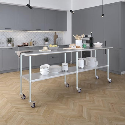 Stainless Steel Work Table with Wheels | NSF Kitchen Island Food Prep | Laundry Garage Utility Bench (Table + Wheels, 96" Long x 24" Deep)