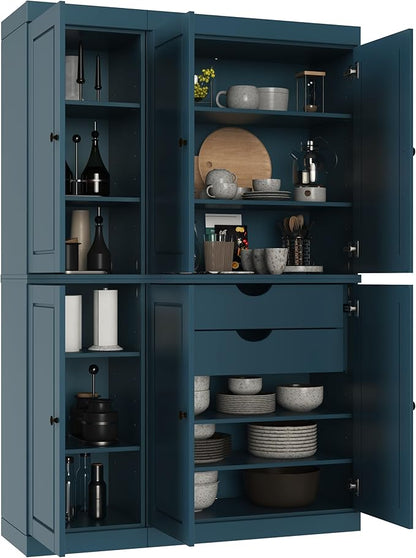 Palace Imports Solid Wood Kitchen Pantry Cabinet - 71.5" H x 48.5" W - Freestanding Storage Pantry w/ 2-Drawer Kit & Adjustable Shelves - Teal Blue, Renewable Eco-Friendly 100% Wood, Made in Brazil