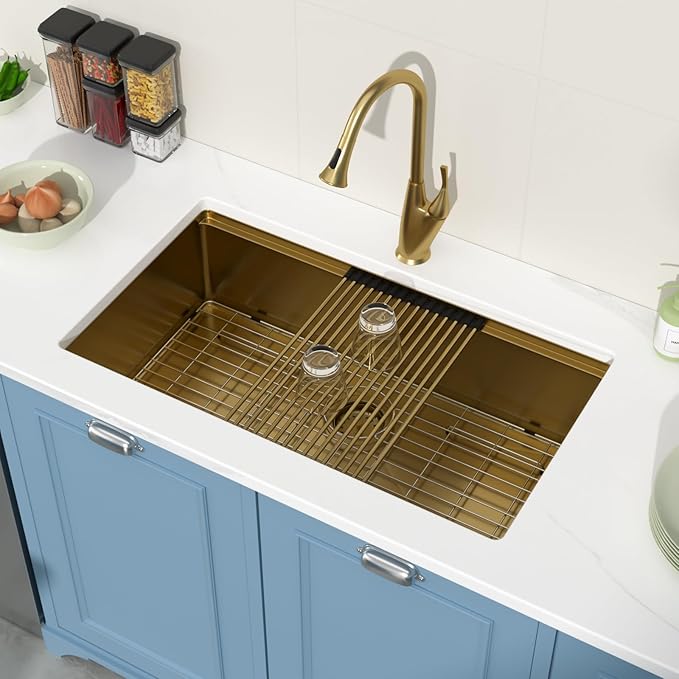 33 Undermount Gold Kitchen Sink Workstation 16 Gauge Stainless Steel 9 In Deep Kitchen Sinks with Practical Accessories