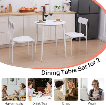 Walsport Round Dining Table Set for 2, 3-Piece Wood Tabletop Samill Kitchen Table and Chairs with Strong Metal Frame, Space-saving Modern Dinette with Chairs for Living Room, Apartment, Office (White)