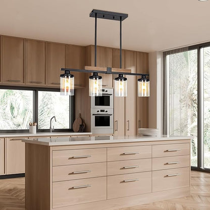 Dining Room Light Fixture Over Table, Farmhouse 4-Light Kitchen Island Lighting, Modern Wood Chandelier with Adjustable Height, Large Industrial Black Pendant Lights Ceiling Hanging for Living Room