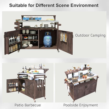 YOPTO 53.3" Outdoor Kitchen Island with Raised Shelf,Solid Wood Grill Cart,Stainless Steel Top,Adjustable Shelf,Spice Rack,Lockable Wheels,Brown
