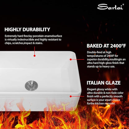 Sarlai 30 Farmhouse Sink White - 30 x 18 Inch Kitchen Sink Apron Front Reversible White Ceramic Porcelain Fireclay Single Bowl Farm Sinks Basin