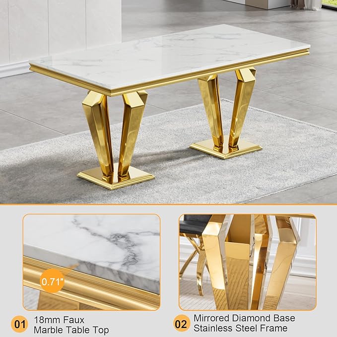 White Marble Dining Table for 4 6 8, Modern 68 Inch Kitchen Table with Faux Marble Top and Gold Dimaond Design Pedestal Base, Luxurious Rectangular Large Dining Room Table,Home Kitchen Furniture
