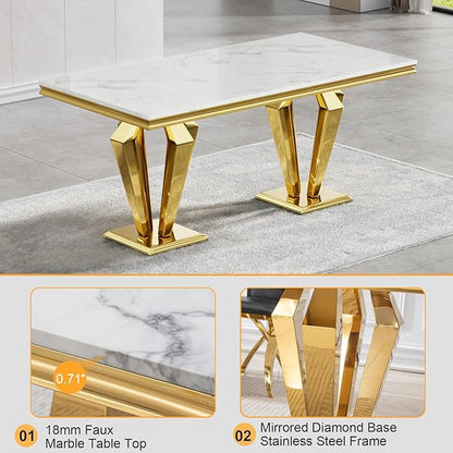 White Marble Dining Table for 4 6 8, Modern 68 Inch Kitchen Table with Faux Marble Top and Gold Dimaond Design Pedestal Base, Luxurious Rectangular Large Dining Room Table,Home Kitchen Furniture