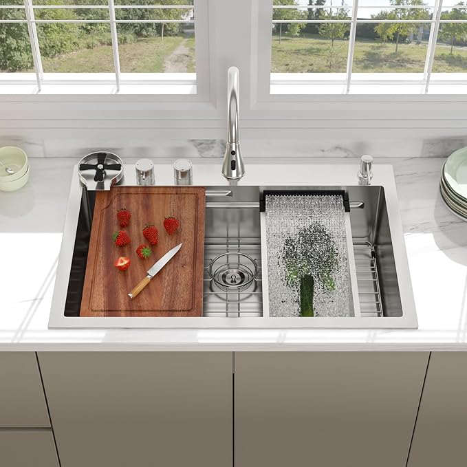 33 inch Drop In Kitchen Sink - Beslend 33x22x10 Waterfall Sink with Pull-Down Faucet 16 Gauge Stainless Steel, Double Track Workstation Kitchen Sinks with Faucet Combo, Handmade Dish Basin