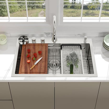 30 inch Drop In Kitchen Sink - Beslend 30x22x10 Waterfall Sink with Pull-Down Faucet 16 Gauge Stainless Steel, Double Track Workstation Kitchen Sinks with Faucet Combo, Handmade Dish Basin