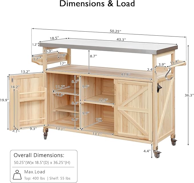 Modern Dining Table Outdoor Kitchen Island with Cabinet, Rolling Bar Cart, Farmhouse Solid Wood Grill Table with Stainless Steel Top, Spice Rack, Towel Rack for Kitchen Dining Room Tables,Natu