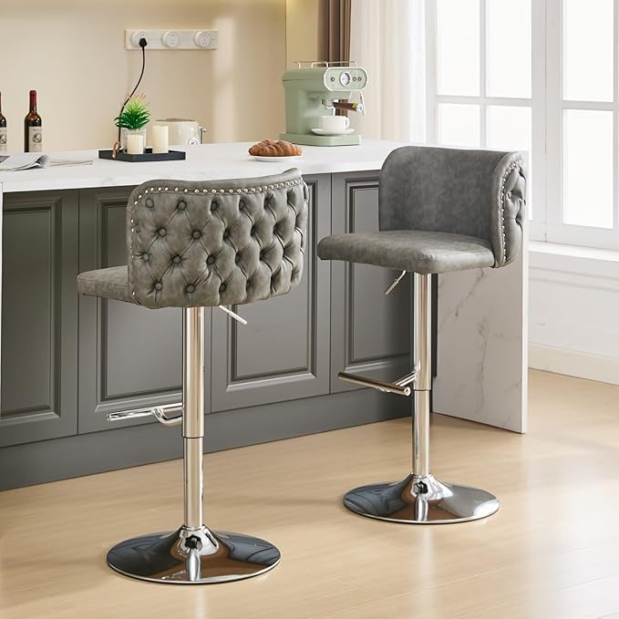 Furniture,Swivel Adjusatble Seat Height with Chrome Base, Modern PU Upholstered Bar Stools with The Whole Back Tufted, for Home Pub and Kitchen Island,Gray, Set of 2
