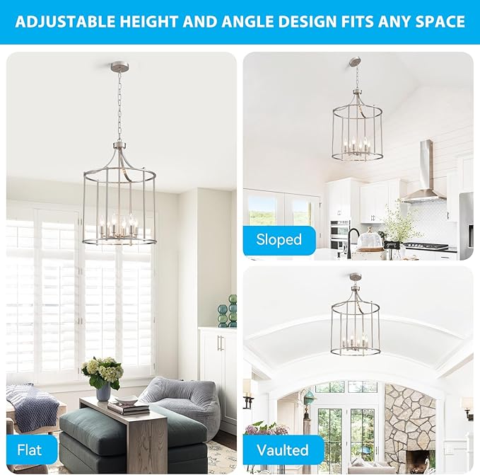 XINGQI 17.7" Brushed Nickel Chandeliers for Dining Room Cage 6-Light Hanging Lantern Pendant Lighting Fixture Metal Farmhouse Geometric Chandelier for Kitchen Island Entryway Living Room