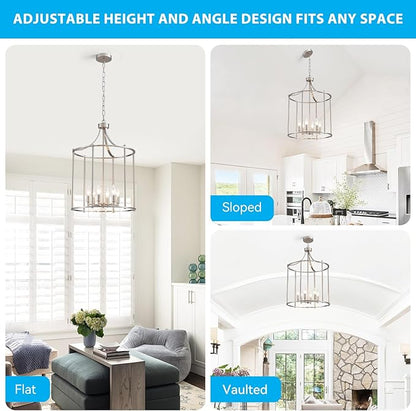 XINGQI 17.7" Brushed Nickel Chandeliers for Dining Room Cage 6-Light Hanging Lantern Pendant Lighting Fixture Metal Farmhouse Geometric Chandelier for Kitchen Island Entryway Living Room