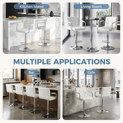 DUMOS Bar Stools Set of 2, Adjustable Swivel Bar Chairs with Padded Armrests and Ergonomic Backrest for Kitchen Island Counter Pub Dining Room, Water-Resistant PU Leather, White