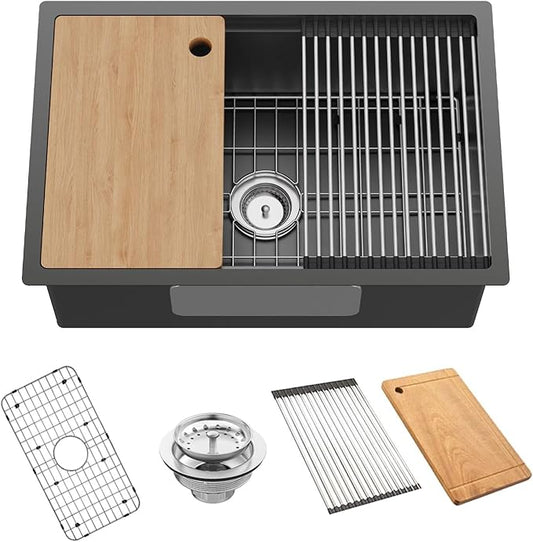 Black Kitchen Sink Workstation, 27x18 In Stainless Steel Drop In Kitchen Sink Modern Undermount Single Bowl Kitchen Sink Accessory Combo-SS Grid,Drying Rack,Cutting Board,Sink Clip,Drain Strainer Set