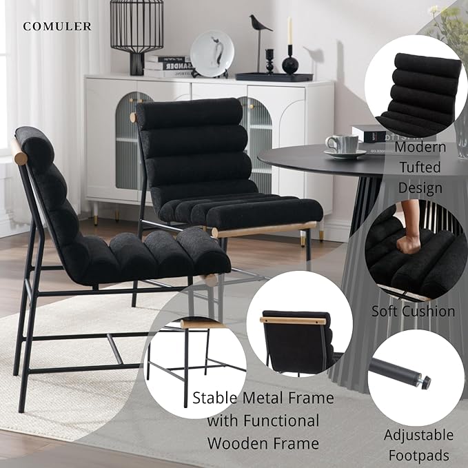 Modern Upholstered Dining Chairs Set of 4, Black Linen Dining Room Chairs with Tufted Back & Cushion, Comfy Armless Kitchen Chairs with Black Metal Legs for Dinner Living Room