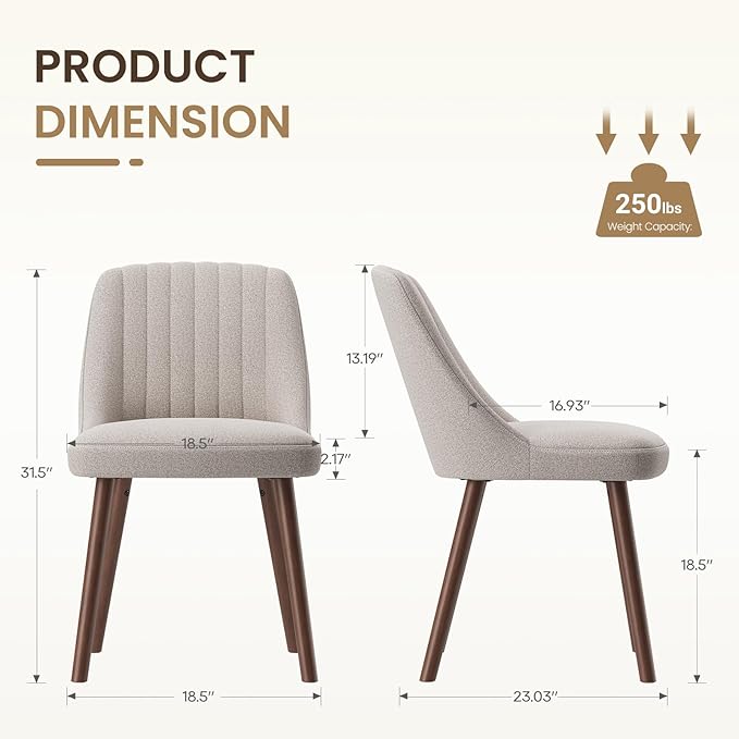 MALOL Upholstered Dining Chairs Set of 2, Modern Fabric Kitchen Chairs with Back, Wood Legs for Kitchen Dining Room Restaurant, Camel