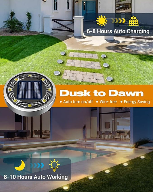 btfarm 24 Pack Solar Lights Outdoor, 8 LED Solar Ground Lights IP65 Waterproof Flat Solar Disc Light, Pathway Lights for Garden Lawn Patio Yard Path Landscape, Warm White
