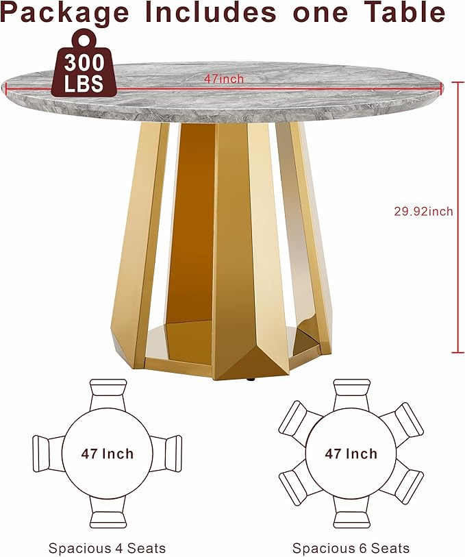 47" Round Marble Dining Table for 4-6, Luxury Modern Kitchen Table with Marble Grain MDF Tabletop & Gold Mirrored Stainless Steel Pedestal Base, Grey Stone Dinner Table for Dining Room (Table Only)